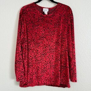 Fashion Bug 2X Red Velvet Burnout Top Scroll Long‎ Sleeve Modest Stretch Career